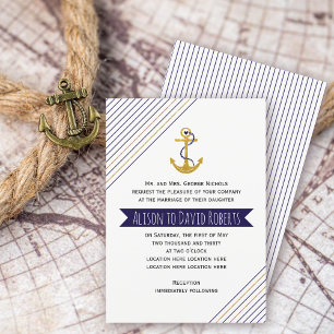 Convite Dourado, âncora marinho, casamento com listras na