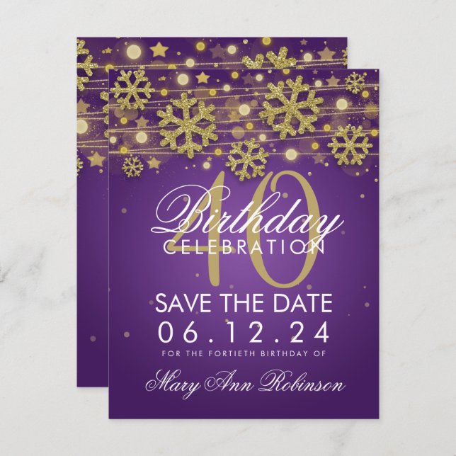Convite Dourado aniversário de 40 anos púrpura Data de sal (Frente/Verso)