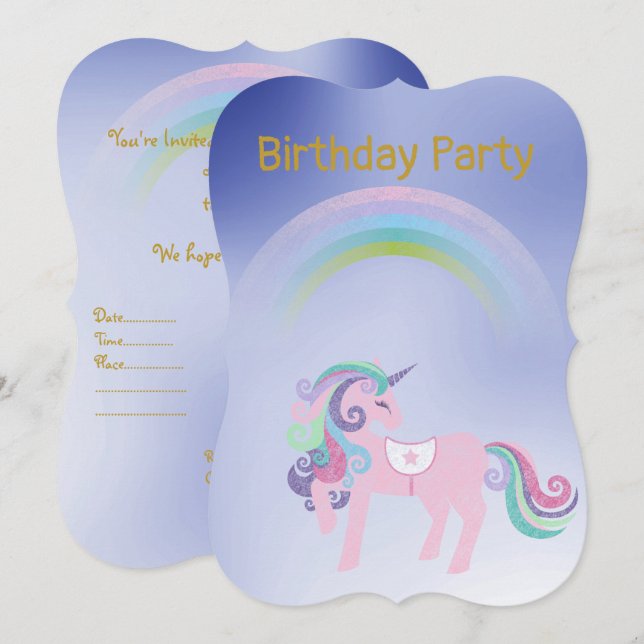 Convite Dourado aniversário do bonito Blue Rainbow Unicorn (Frente/Verso)