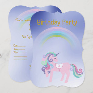 Convite Dourado aniversário do bonito Blue Rainbow Unicorn