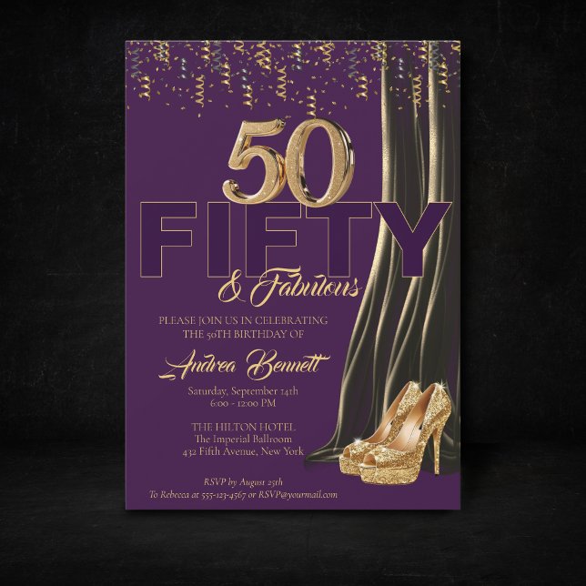 Convite Dourado Aniversário do Elegante Roxo 50 Fabuloso (Gold Purple 50th birthday invitation high heels)