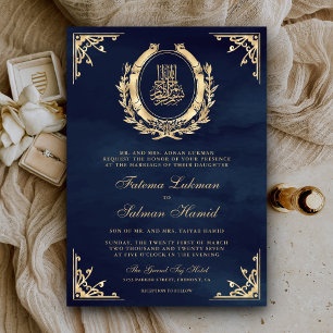 Convite Dourado Antigo Crista Azul Marinho Casamento Muçul