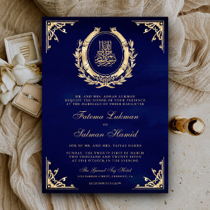 Convite Dourado Antigo Crista Azul Real Casamento Muçulman