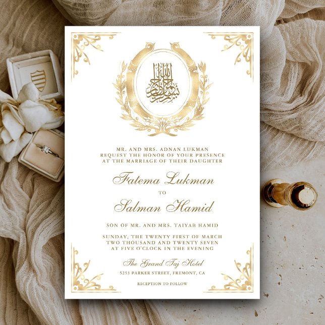 Convite Dourado Antigo Crista Branco Casamento Muçulmano (Criador carregado)