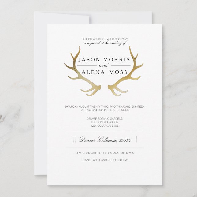 Convite Dourado Antler Russo | Casamento Elegante (Frente)