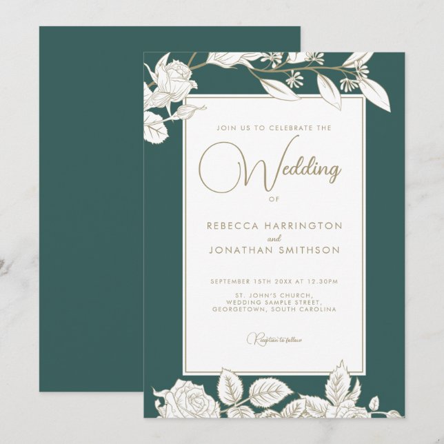 Convite Dourado ao Casamento Floral Emerald Green (Frente/Verso)