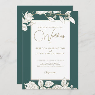 Convite Dourado ao Casamento Floral Emerald Green
