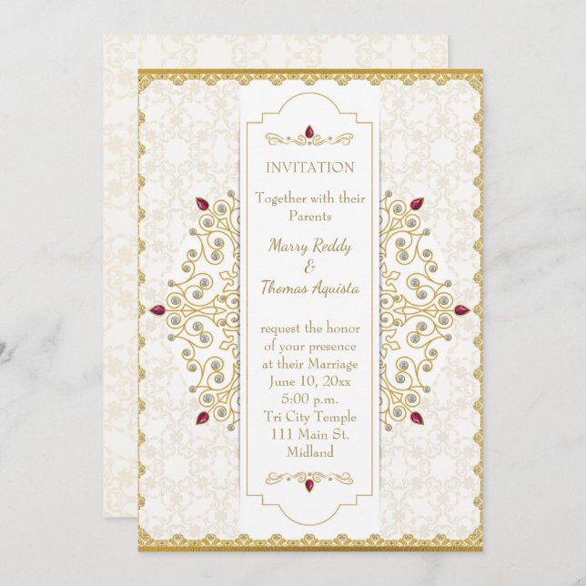 Convite Dourado ao Casamento Indiano Hindu (Frente/Verso)