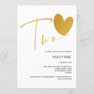 Convite Dourado ao segundo aniversário Dois Coraçã