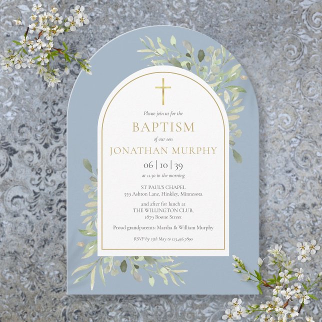 Convite Dourado Arco Verde Dusty Blue Boy Baptism (Gold Arch Greenery Dusty Blue Boy Baptism Invitation)