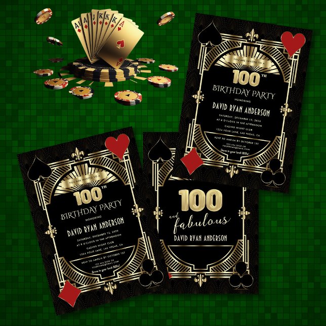 Convite Dourado Art Deco Casino Poker Man 100º Aniversário (Criador carregado)