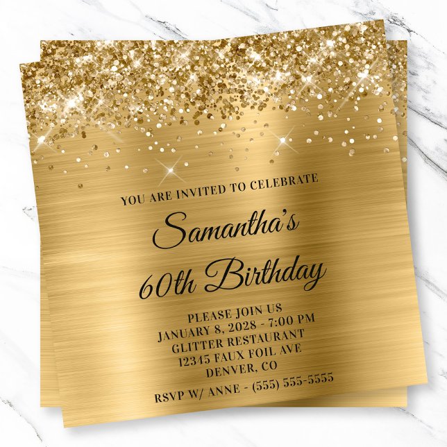 Convite Dourado aspecto metálico com brilho 60º aniversári (Glittery Gold Metallic Look 60th Birthday Invitation)