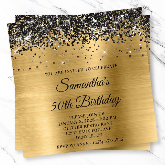 Convite Dourado aspecto metálico com brilho preto - 50º an (Black Glitter Gold Metallic Look 50th Birthday Invitation)