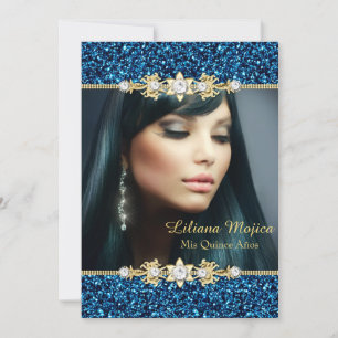 Convite Dourado Azul Brilho & Arco de Joia Quinceanera