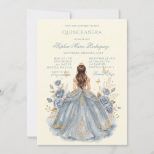 Convite Dourado Azul Empoeirado Princesa Floral Quinceañer