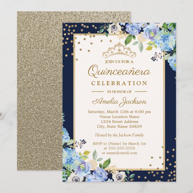 Convite Dourado Azul floral Brilho Quinceanera (Frente/Verso)