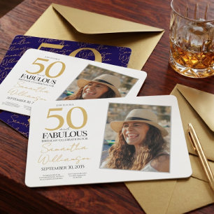 Convite Dourado & Azul Marinho 50º Aniversário Fabuloso