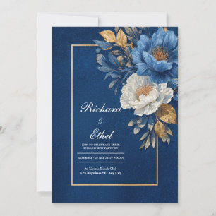 Convite Dourado Azul Marinho Branco Peônia Floral Casament