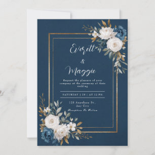 Convite Dourado Azul Marinho Branco Rosa Floral Casamento