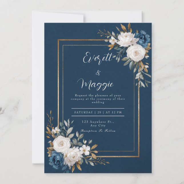 Convite Dourado Azul Marinho Branco Rosa Floral Casamento (Frente)