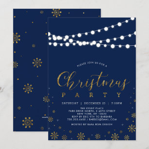 Convite Dourado & Azul-Marinho   Festa de Natal com Flocos