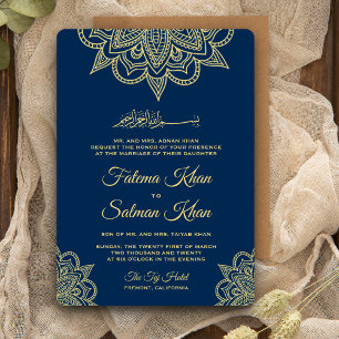 Convite Dourado Azul Marinho Henna Mehndi Casamento Islâmi