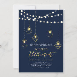 Convite Dourado & Azul Marinho | Luzes de Corda Aniversári
