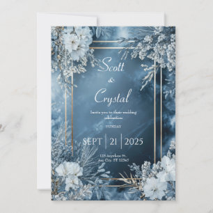 Convite Dourado Azul Meia-Noite Moldura Floral Invernal Fo