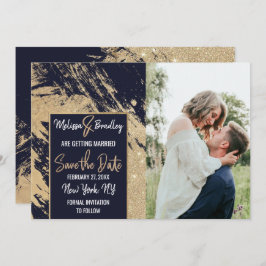 Convite Dourado Azul Naval Brilho Pinceladas Salve a Data