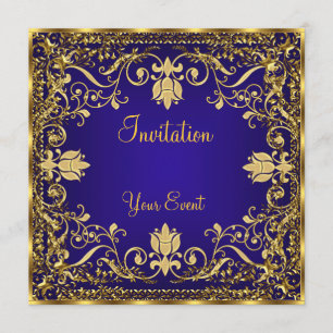 Convite Dourado Azul Real Vintage Elegante