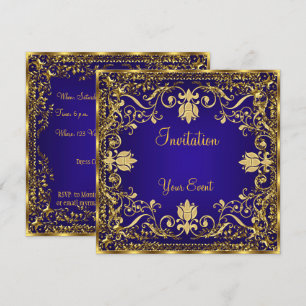Convite Dourado Azul Real Vintage Elegante