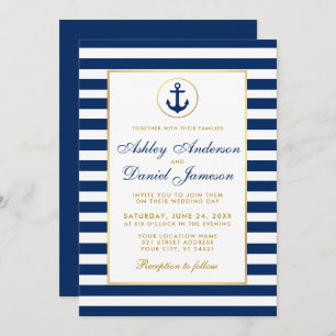 Convite Dourado B para Casamento Náutico Blue Stri