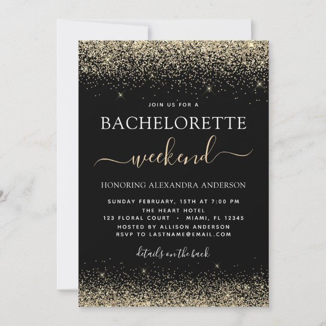Convite Dourado Bachelorette Weekend Modern Glitter Party (Frente)