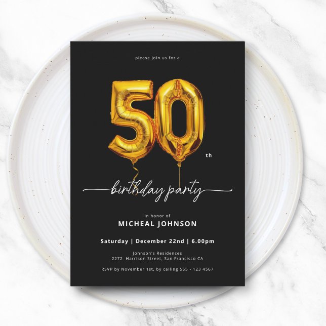 Convite Dourado Balão Negro 50º Aniversário (Gold Balloon Black 50th Birthday Invitation)