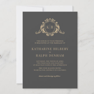 Convite Dourado Barroco Crest Cinzas Escuras Casamento de