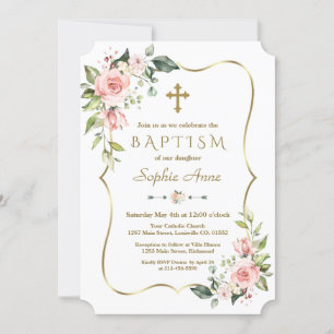 Convite Dourado Batismo de Quadro das Flores Rosa Modernas