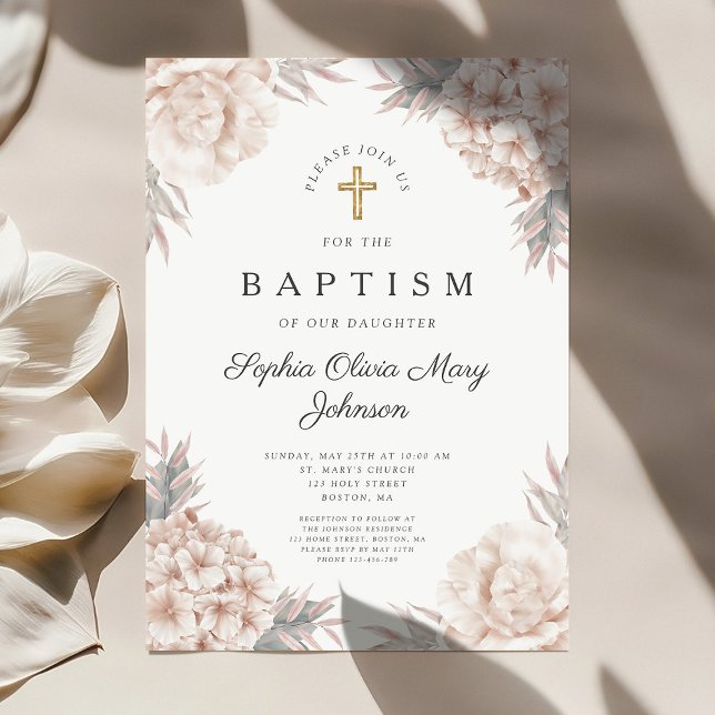 Convite Dourado Batismo Religioso Entre Meninas Florais (Floral Peonies Gold Cross Girl Religious Baptism Invitation)