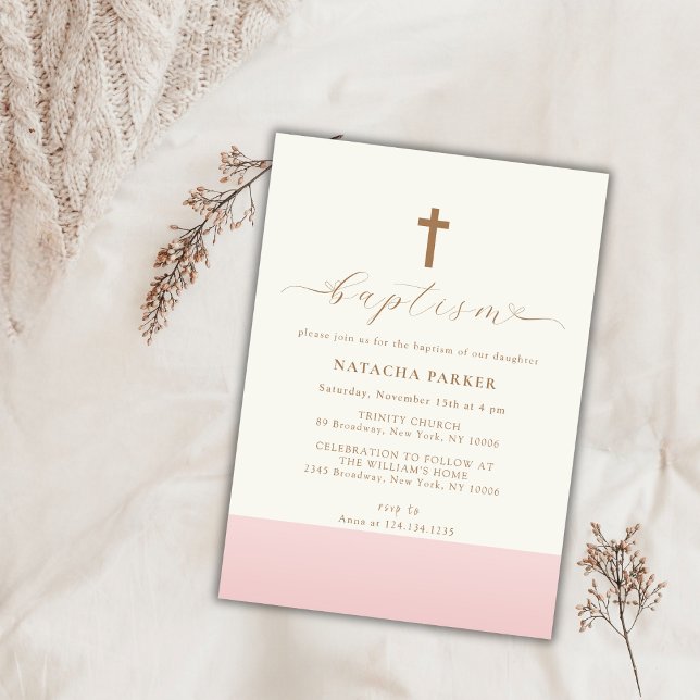 Convite Dourado batismo rosa minimalista moderno (Modern Minimalist Pink Gold Cross Baptism Invitation)