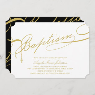 Convite Dourado batismo Rosário Cruzado Religioso