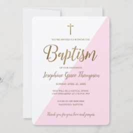 Convite Dourado batismo virtual, branco-rosa moderno