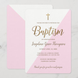 Convite Dourado batismo virtual, branco-rosa moderno