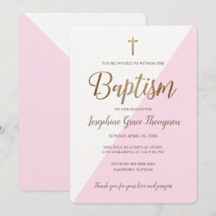 Convite Dourado batismo virtual, branco-rosa moderno