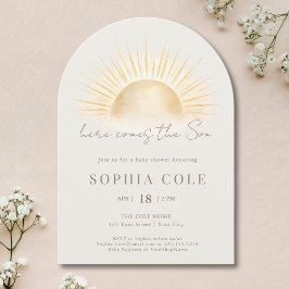 Convite Dourado Bege Aqui Vem o Filho Encontro do Menino