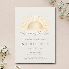 Convite Dourado Bege Aqui Vem o Menino Chá de Bebê