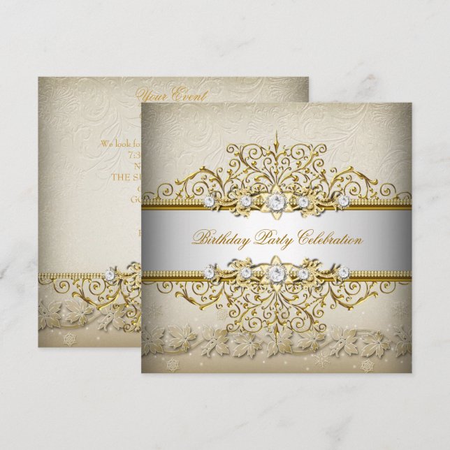 Convite Dourado Bege Branco Creme Elegante Festa (Frente/Verso)