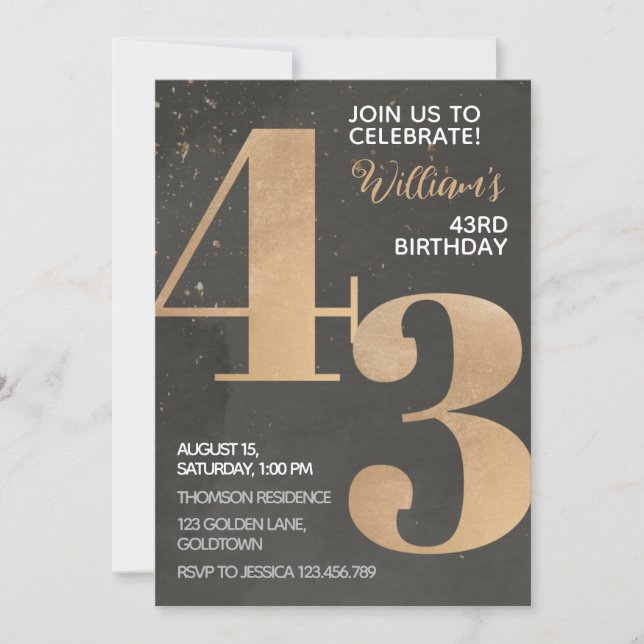 Convite Dourado Black 43rd Birthday Invitation (Frente)
