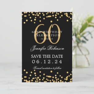 Convite Dourado Black 60th Birthday Salvar a Data e os Det