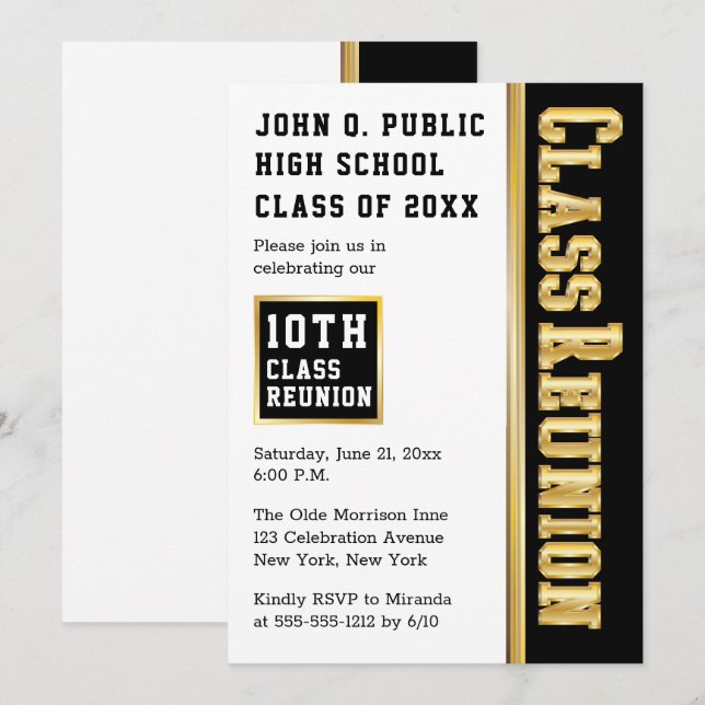 Convite Dourado | Black Modern Class Reunion Party (Frente/Verso)