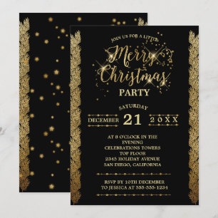 Convite Dourado Black Sparkles Feliz Festa de Natal