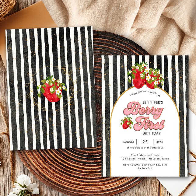 Convite Dourado Black White Strips primeiro aniversario Mo (Criador carregado)